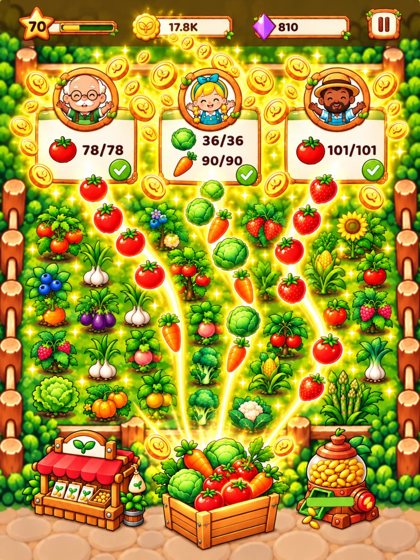 Customers with completed vegetable orders and coin rewards